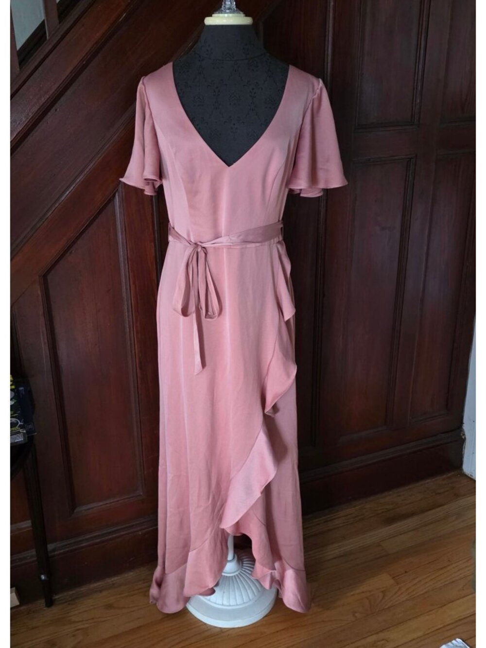 Celebrate Pink Flutter Sleeve Wrap Maxi Dress With Ruffle Hem & Tie Waist 12